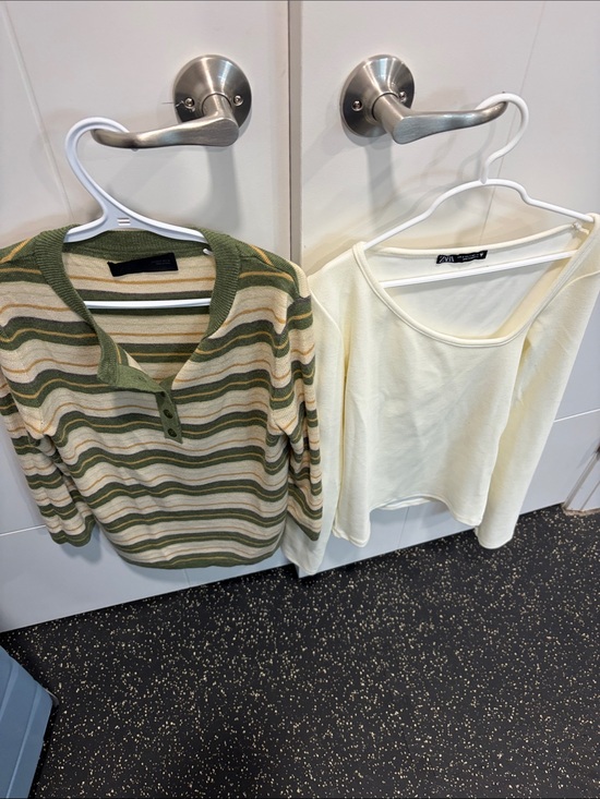 Zara Sweaters - Zara Green & Cream Striped Henley Knit Sweater